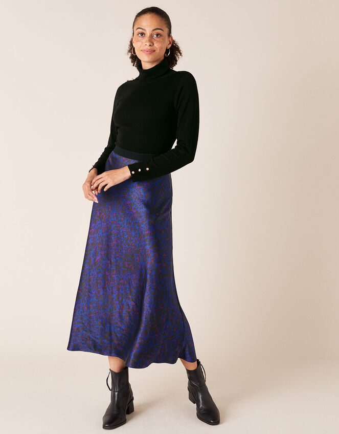 Animal Print Satin Skirt, Blue (BLUE), large