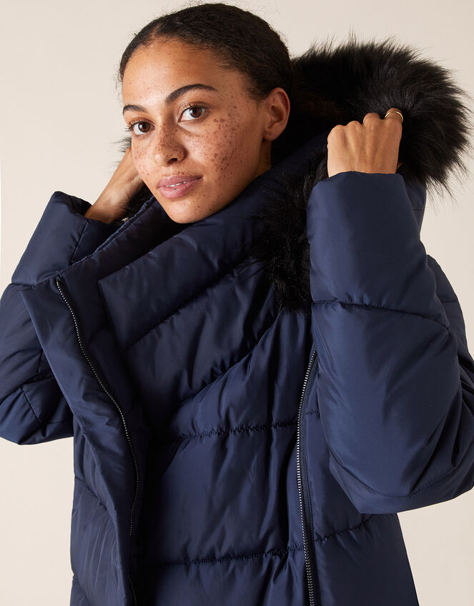 Patsy Long Padded Coat in Recycled Fabric, Blue (NAVY), large
