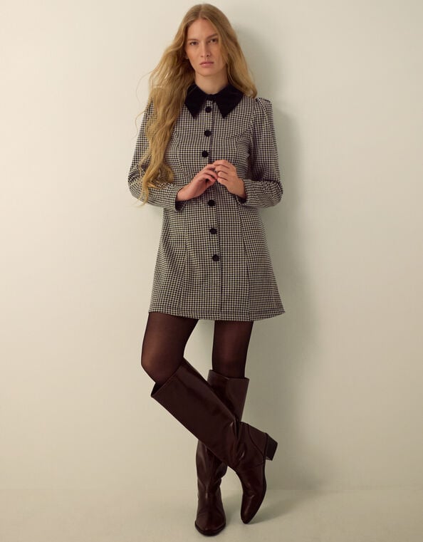 Monsoon x Queens of Archive Mary Velvet Collar Houndstooth Mini Dress​, Black (BLACK), large