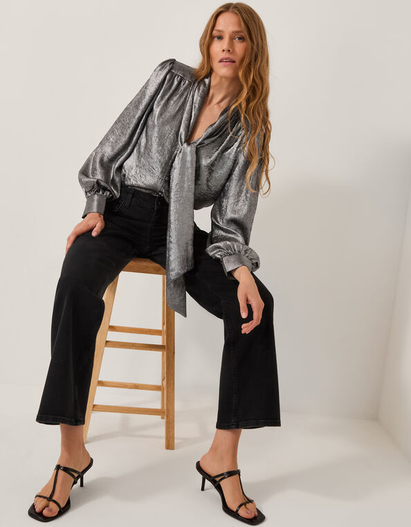Milena Metallic Tie Neck Blouse, Silver (SILVER), large