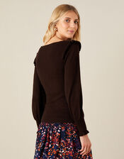 Ruffle Trim Square Neck Jumper, Brown (BROWN), large