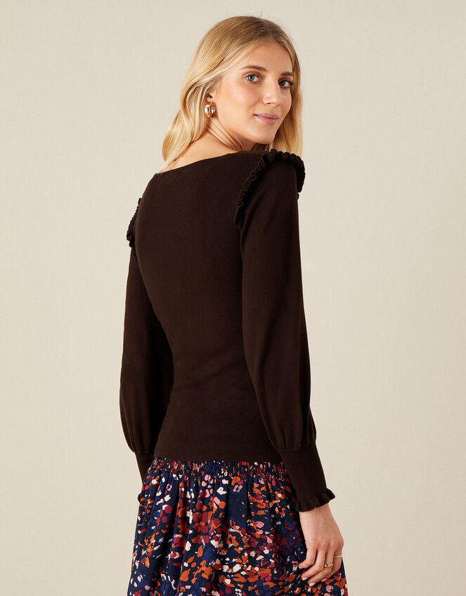 Ruffle Trim Square Neck Jumper, Brown (BROWN), large