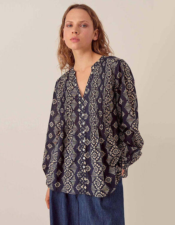 East Celine Printed Cotton Top, Blue (NAVY), large