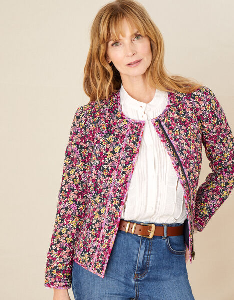 Ditsy Floral Quilted Jacket Blue, Blue (NAVY), large