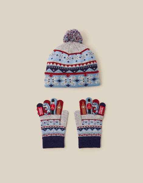 London Fair Isle Bobble Hat & Gloves Set, Grey (GREY), large