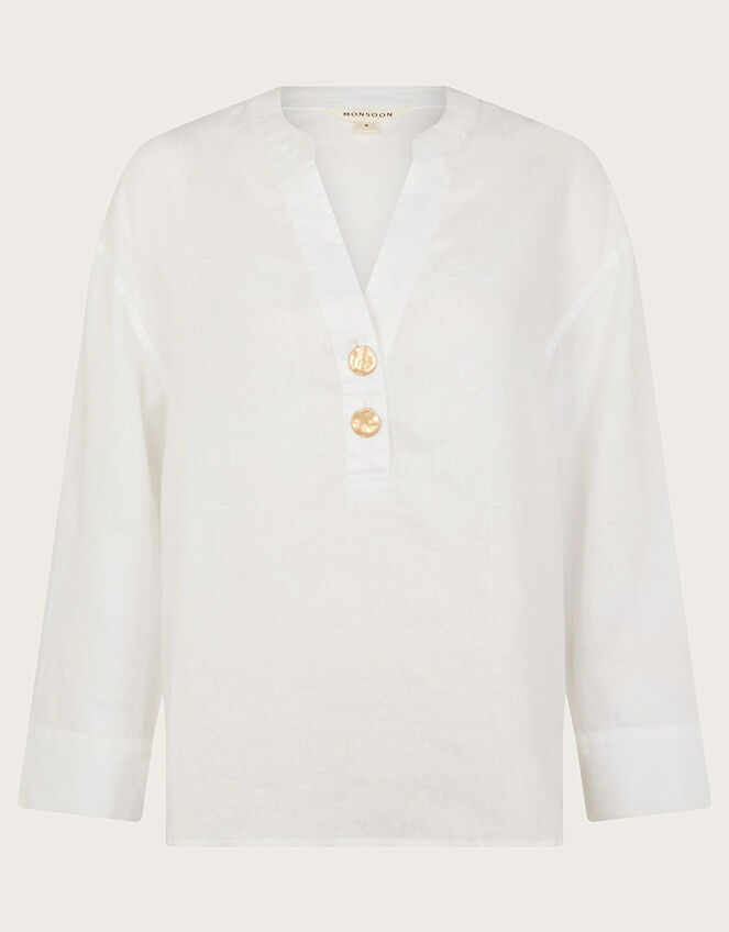 Camille Button Linen Top, White (WHITE), large