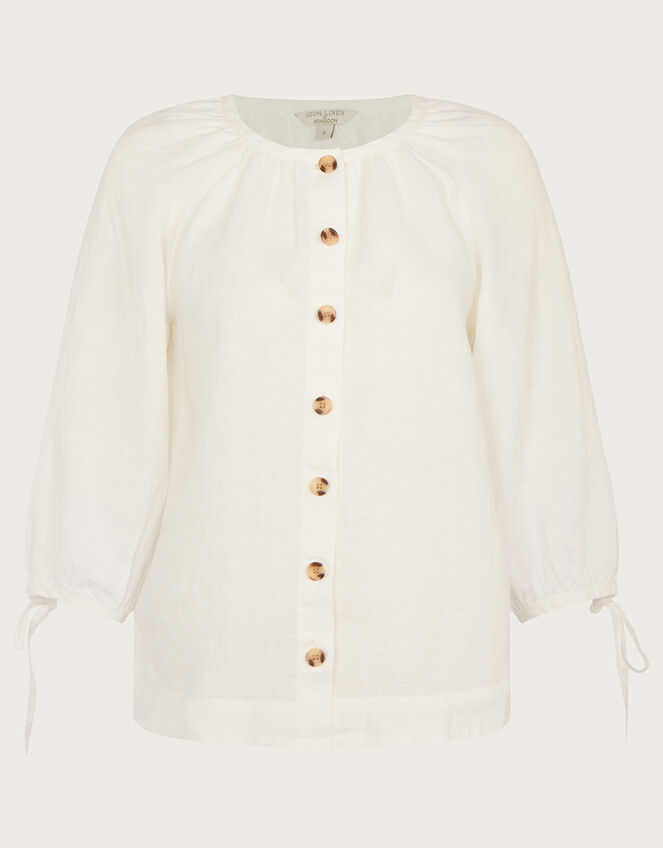 Tie Cuff Button Through Linen Blouse, White (WHITE), large