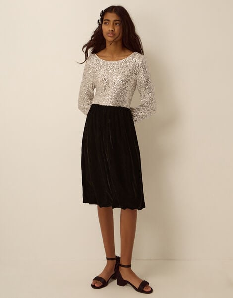 Long Sleeve Sequin Velvet Party Dress, Black (BLACK), large