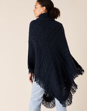 Fringe Trim Chunky Knit Poncho, , large