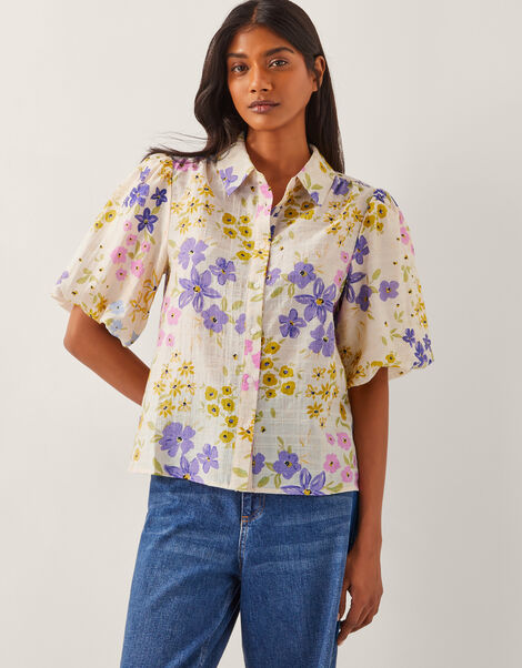 Madeline Floral Puff-Sleeve Shirt , Ivory (IVORY), large
