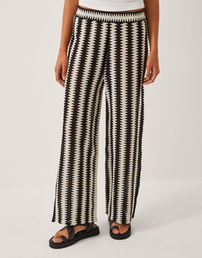 Cleo Crochet Stripe Wide Leg Trousers, Black (BLACK), large