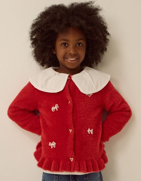 Pearl Bow Fluffy Cardigan, Red (RED), large