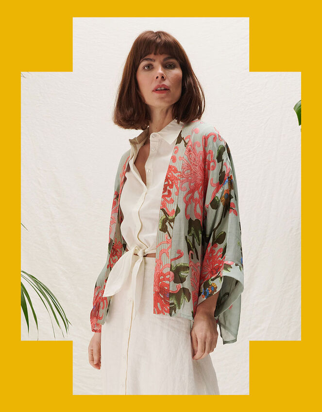 One Hundred Stars Floral Print Short Kimono, Blue (AQUA), large