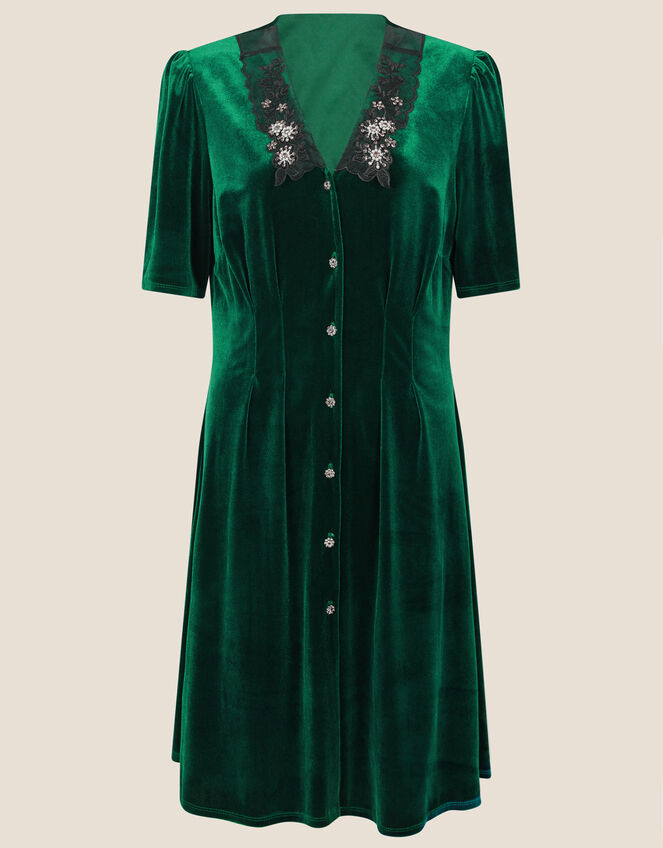Connie Embellished Stretch Velvet Collar Dress, Green (GREEN), large