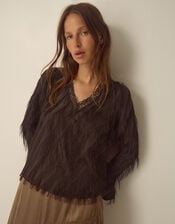 Tawn V-Neck Fringe Top, Brown (CHOCOLATE), large