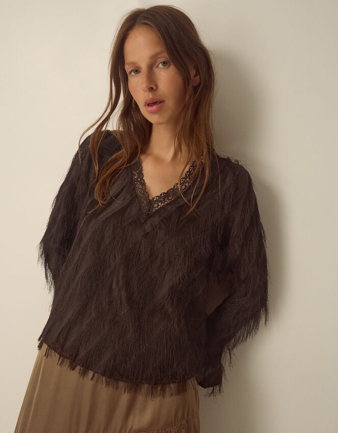 Tawn V-Neck Fringe Top, Brown (CHOCOLATE), large