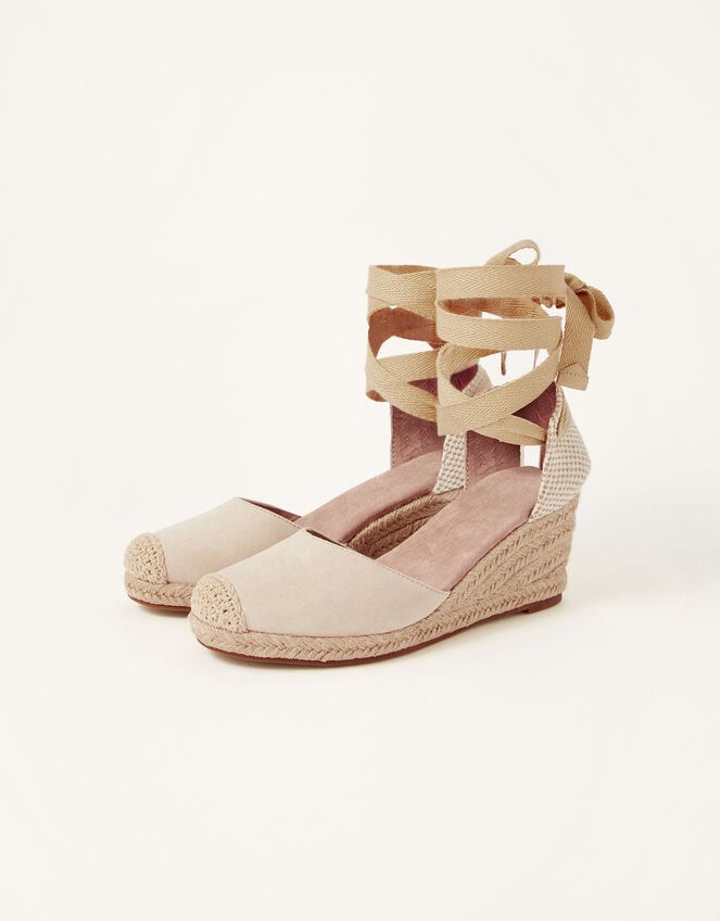 Talia Tie Suede Espadrille Wedges, Nude (NUDE), large