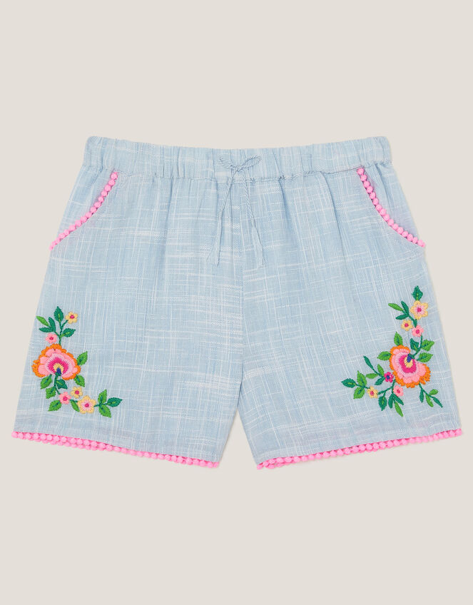 Floral Embroidered Slub Shorts, Blue (BLUE), large