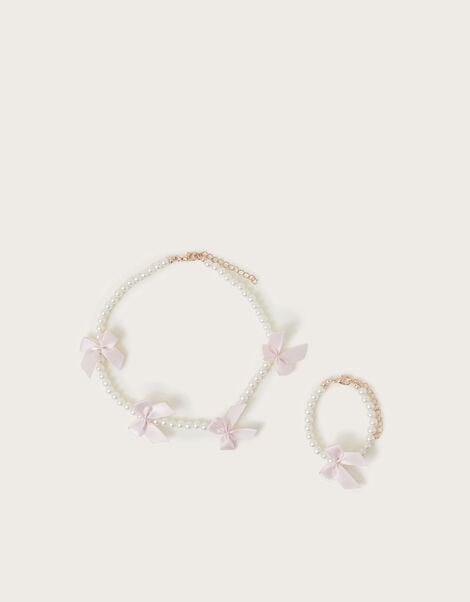 Carly Pearl Bow Necklace and Bracelet Set, , large