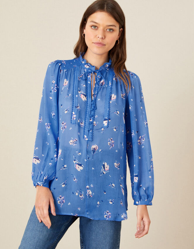 Floral Tie Neck Blouse, Blue (BLUE), large