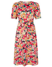 Verna Floral Midi Dress in Linen and Organic Cotton, Blue (NAVY), large