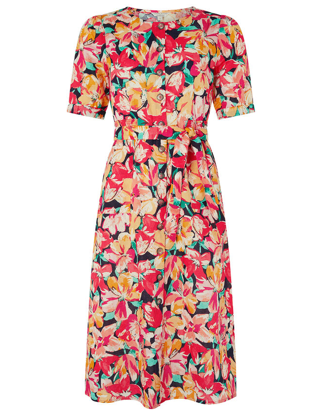 Verna Floral Midi Dress in Linen and Organic Cotton, Blue (NAVY), large