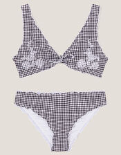 Gingham Embroidered Frill Bikini Set, Black (BLACK), large