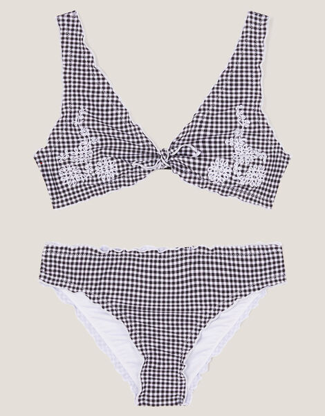 Gingham Embroidered Frill Bikini Set, Black (BLACK), large