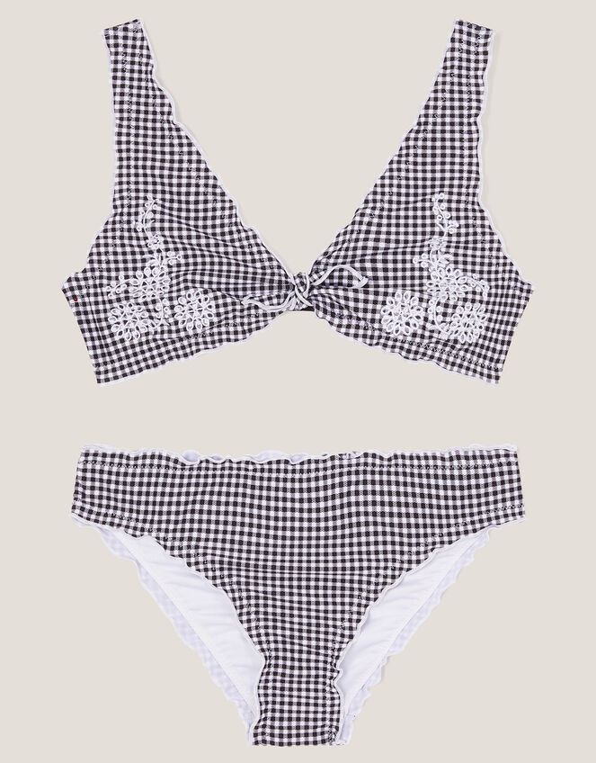 Gingham Embroidered Frill Bikini Set, Black (BLACK), large