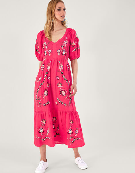 Embroidered Midi Dress in Linen Blend , Orange (CORAL), large