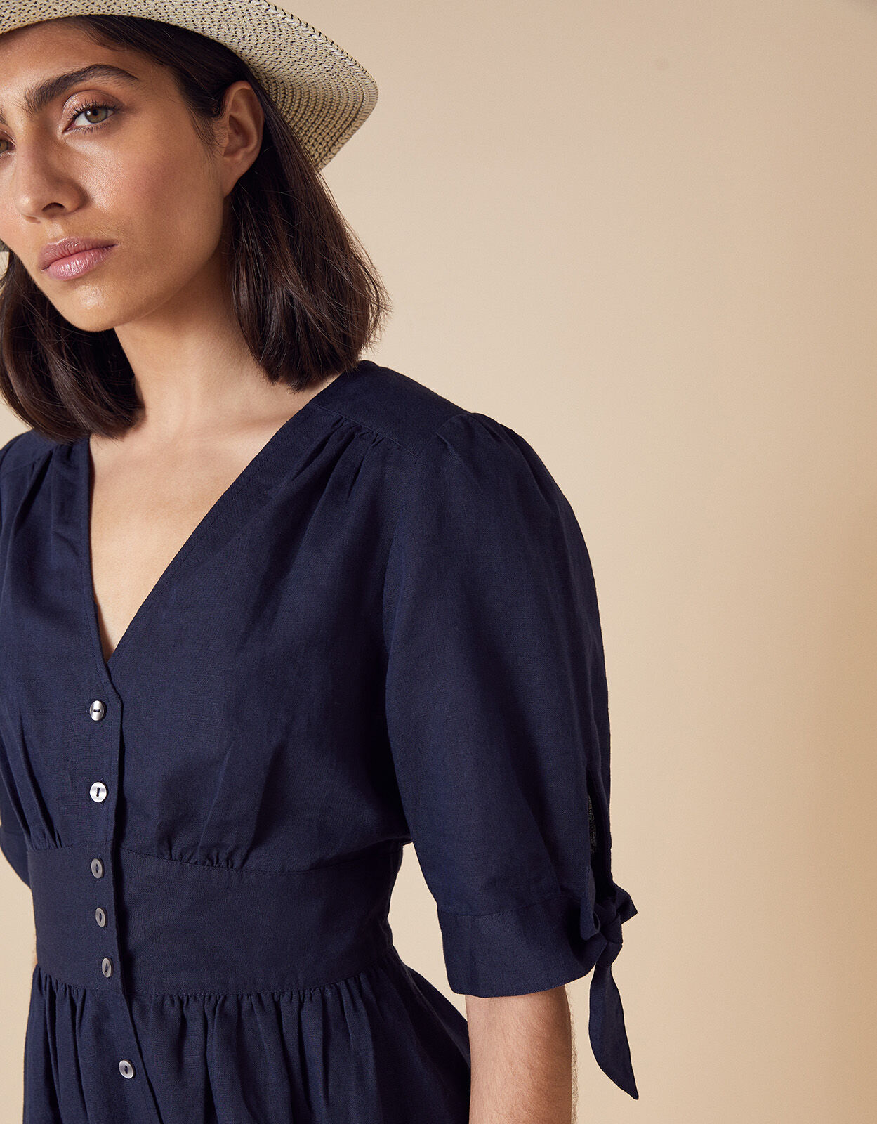 Puff Sleeve Midi Dress in Linen Blend Blue