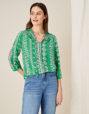Floral Tie Neck Blouse, Green (GREEN), large