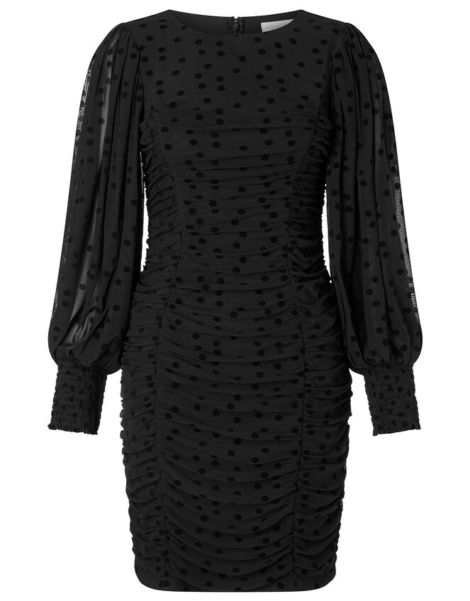 Sophie Spot Stretch Ruched Dress, Black (BLACK), large
