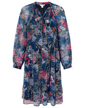 Floral Pleated Short Dress, Blue (NAVY), large