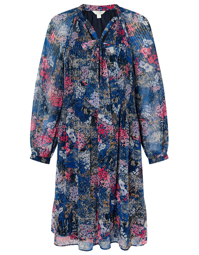 Floral Pleated Short Dress, Blue (NAVY), large