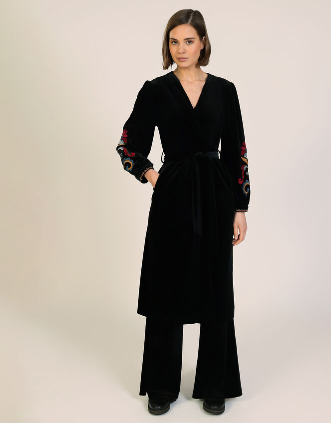 Traffic People Folklore Embroidered Velvet Duster Coat, Black (BLACK), large