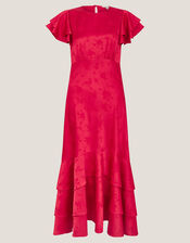 Ester Satin Ruffle Midi Dress, Red (RED), large