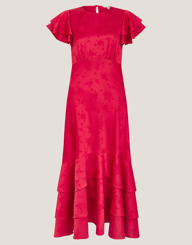 Ester Satin Ruffle Midi Dress, Red (RED), large