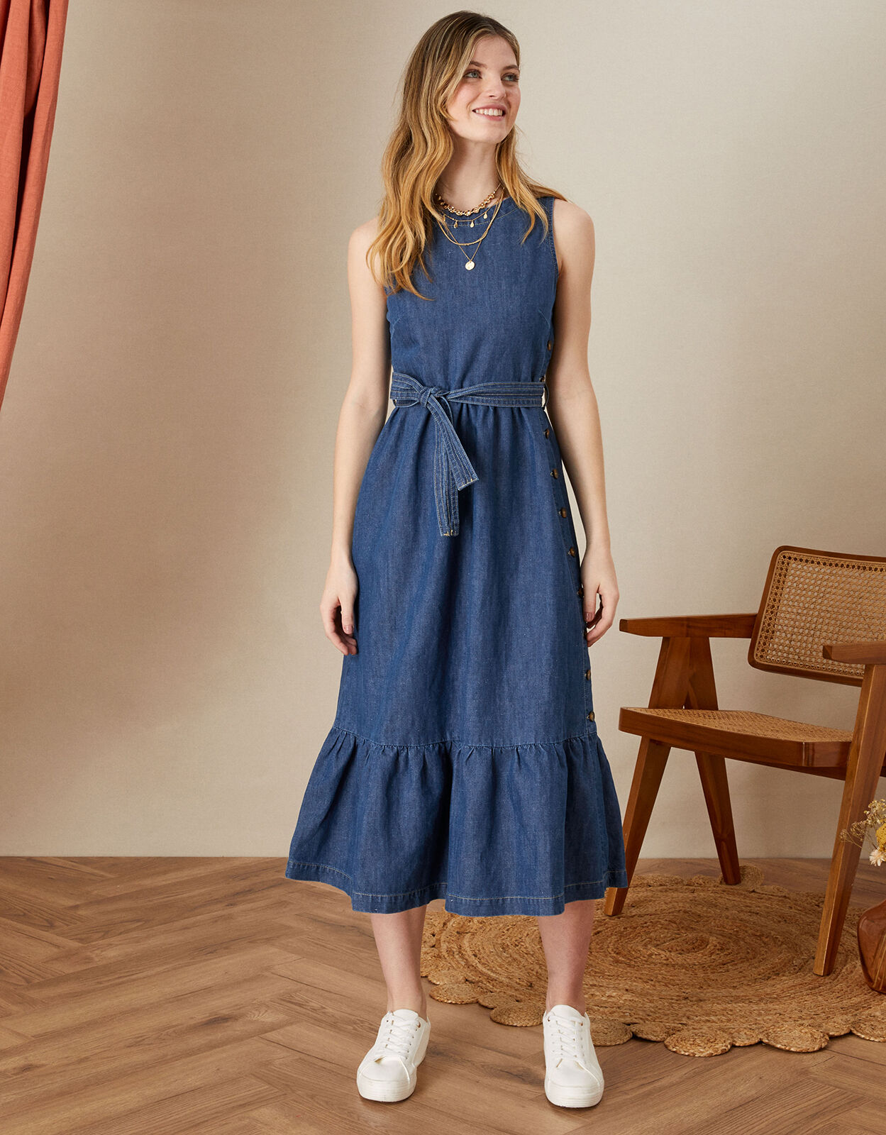 Hemp Denim Sleeveless Tiered Dress Blue 