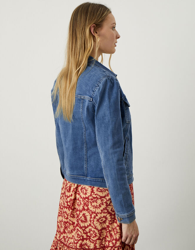 Puff Sleeve Mid Wash Denim Jacket, Blue (DENIM BLUE), large