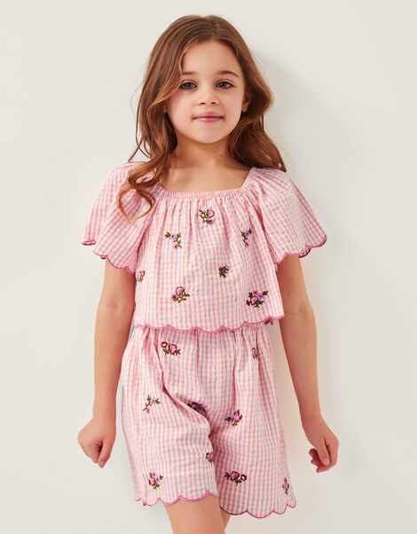 Floral Embroidered Gingham Playsuit, Pink (PINK), large