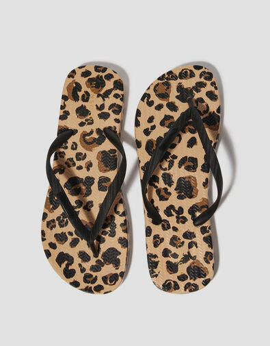 Leopard Print Flip Flops, Natural (NEUTRAL), large