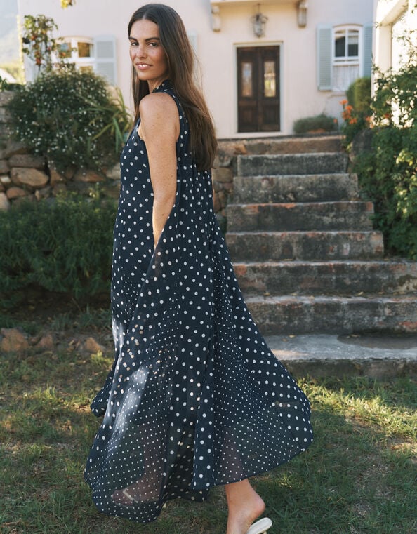 Yaz Sleeveless Polka Dot Midi Dress, Blue (NAVY), large