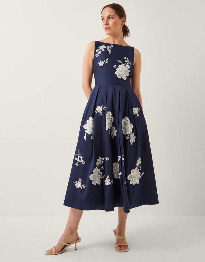 Sicily Embroidered Fit & Flare Midi Dress, Blue (NAVY), large