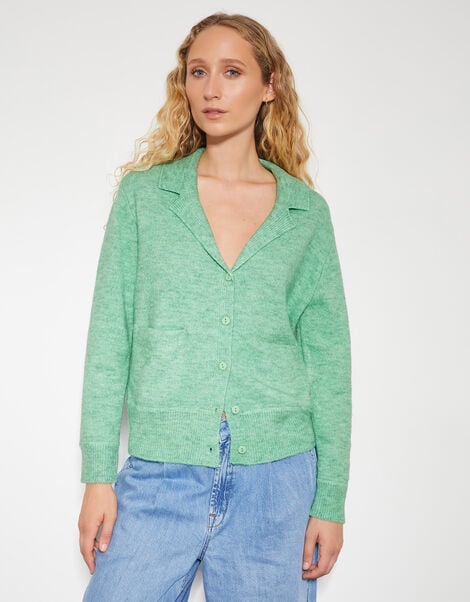 Cora V-Neck Collared Cardigan, Green (GREEN), large