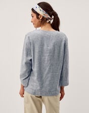 Alexis Stripe Linen-Blend Top, Blue (NAVY), large