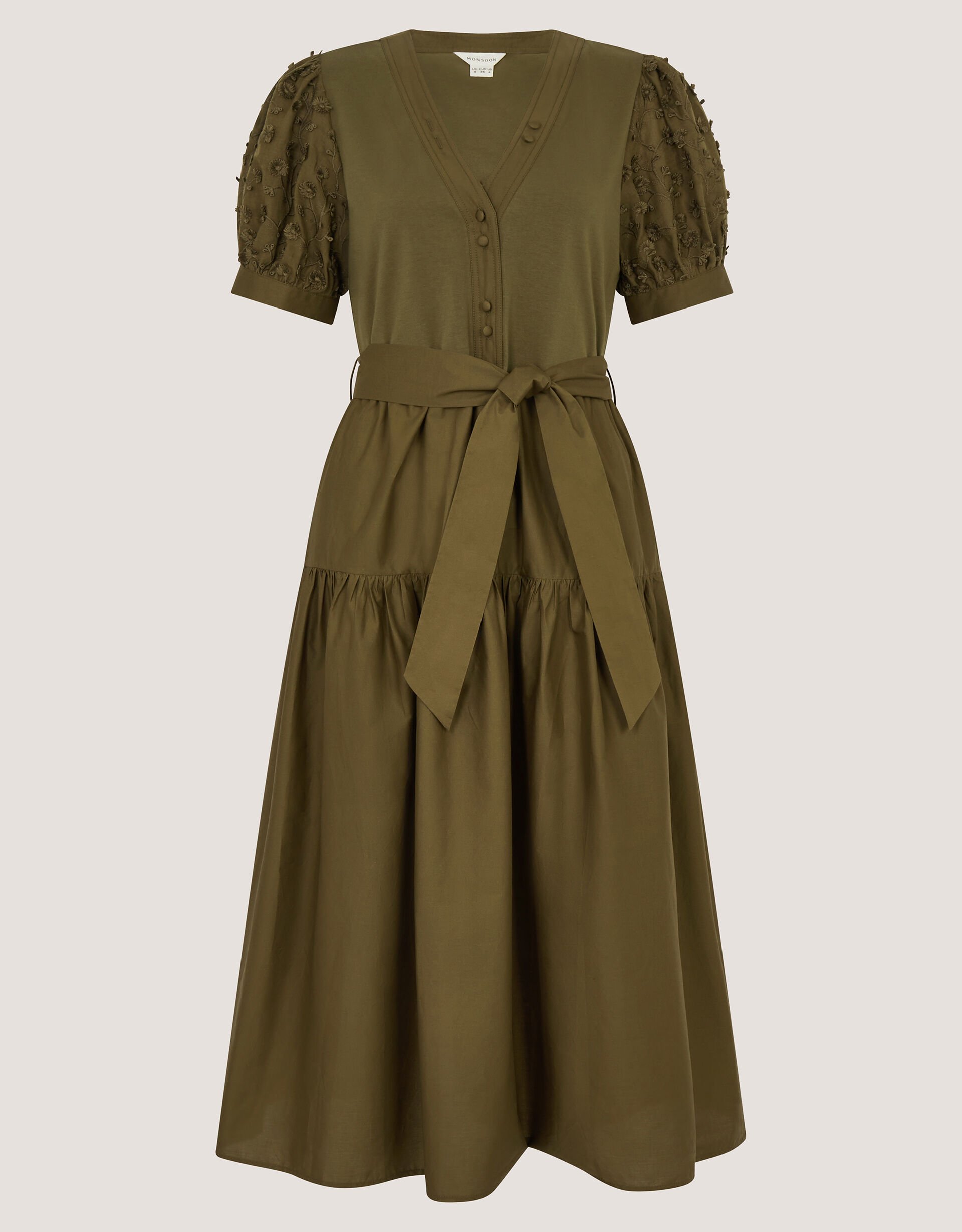 Fawn Appliqu&eacute; Puff Sleeve Midi Dress, Green (KHAKI), large