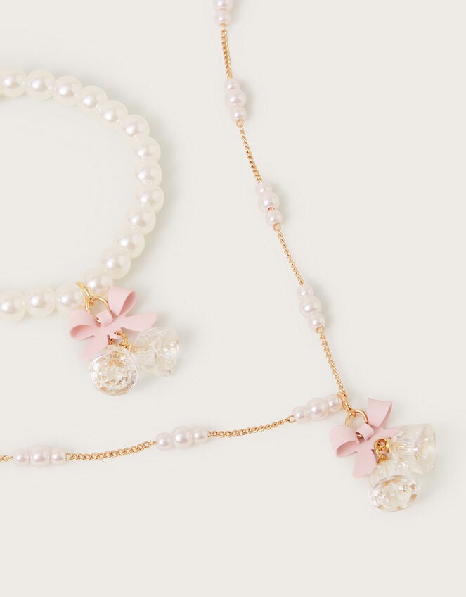 Belle Bow Pendant Pearl Necklace and Bracelet Set, , large