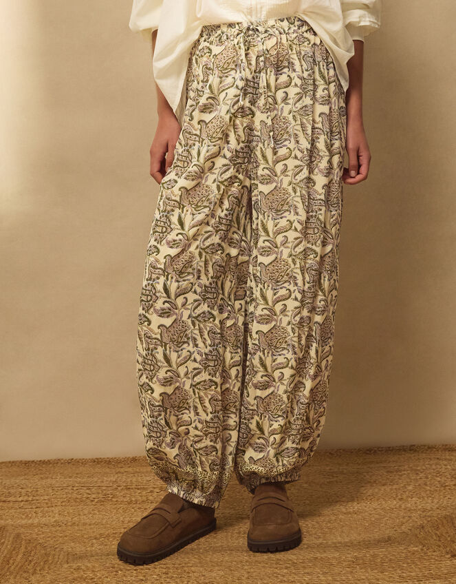 East Odette Hand-Woodblock Print Balloon Trousers, Cream (CREAM), large