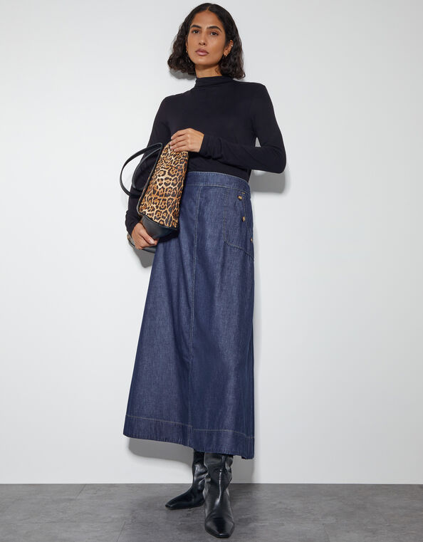 Harper A-Line Denim Midi Skirt, Blue (INDIGO), large